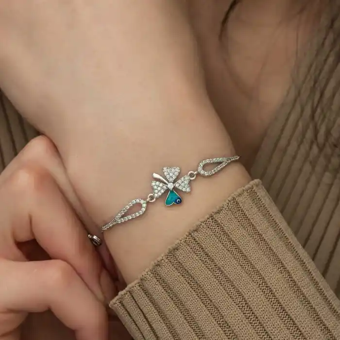 Gümüş Nazarlı Yonca Bileklik