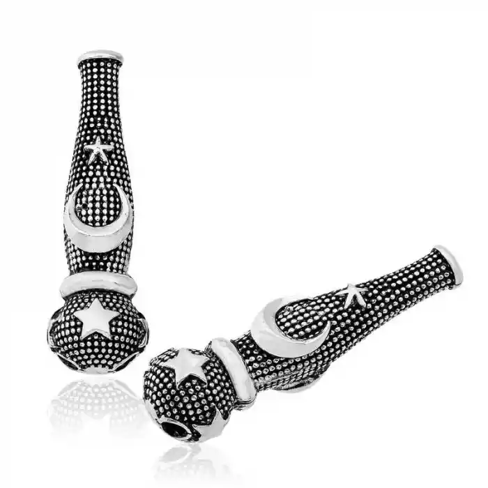 Gümüş Nokta İşlemeli Ayyıldız Motifli Tesbih İmamesi