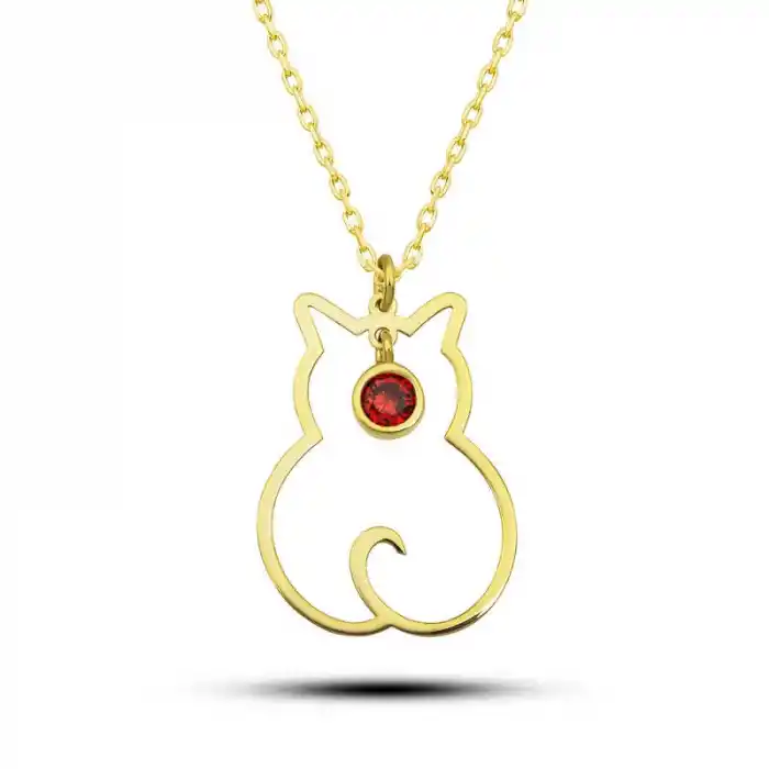 Gümüş Ocak Ayı Doğum Taşı Kedi Kadın Kolye