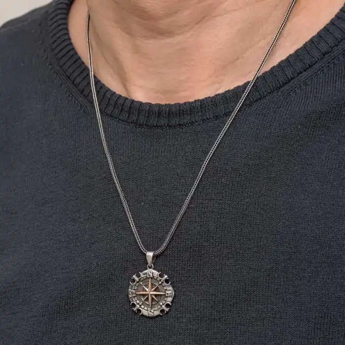 Gümüş Oksitli Pusula Erkek Kolye