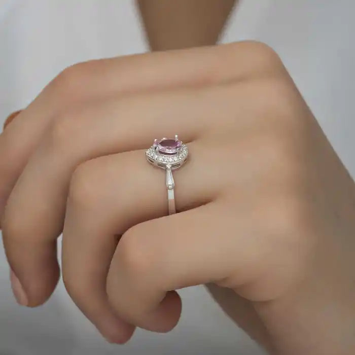 Gümüş Pembe Damla Taşlı Kadın Yüzük
