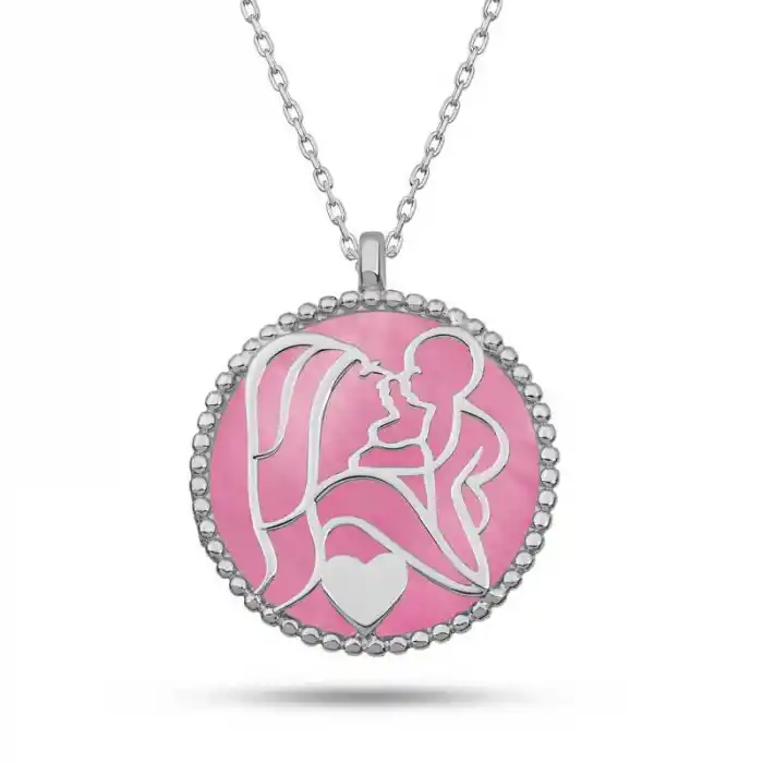 Gümüş Pembe Sedef Taşlı Anne Çocuk Sevgisi Kolye