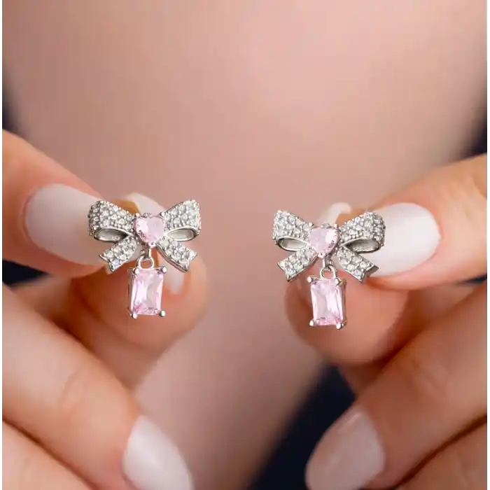 Gümüş Pembe Taşlı Fiyonk Kadın Küpe
