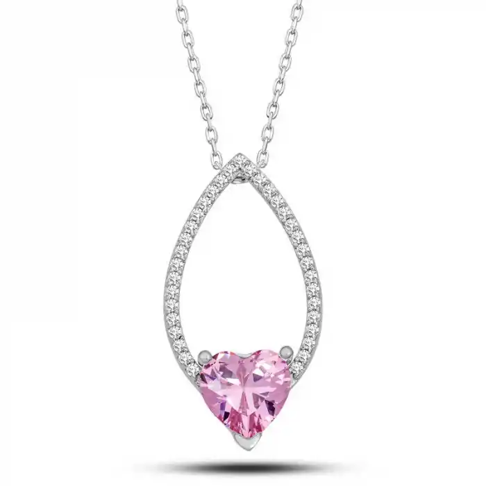 Gümüş Pembe Taşlı Kalp Kadın Kolye