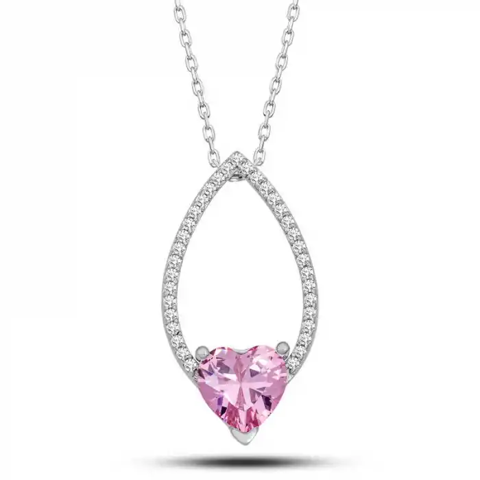 Gümüş Pembe Taşlı Kalp Kadın Kolye
