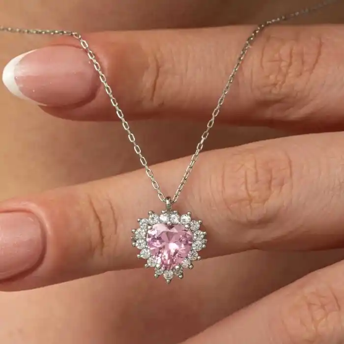 Gümüş Pembe Taşlı Kalp Kadın Kolye