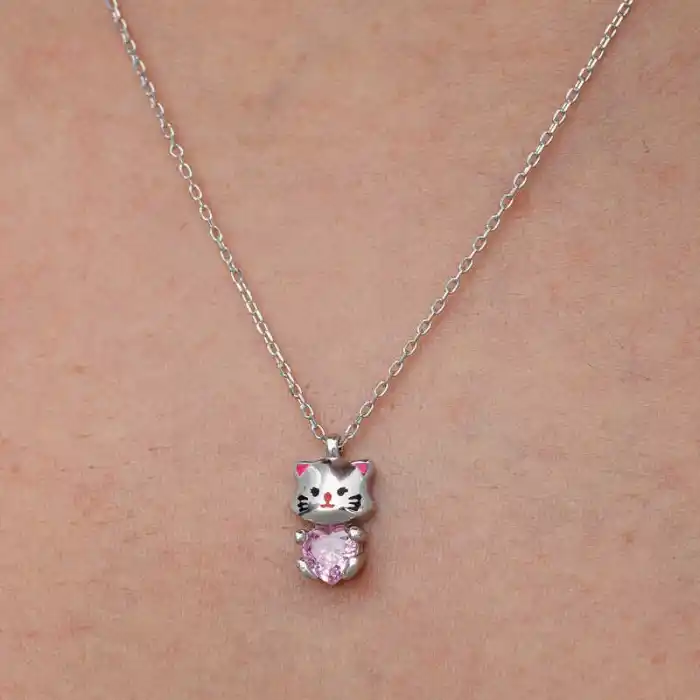 Gümüş Pembe Taşlı Sevimli Kedi Kadın Kolye