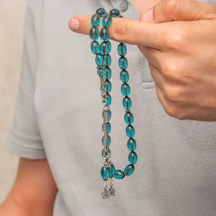 Gümüş Püsküllü Ateş Kehribar Tesbih