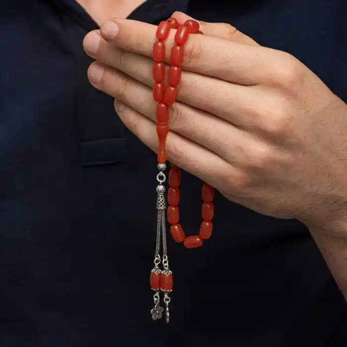 Gümüş Püsküllü Kapsül Kesim Sıkma Kehribar Tesbih