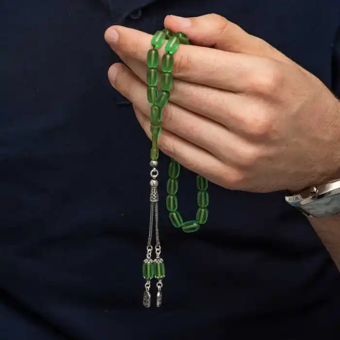 Gümüş Püsküllü Kapsül Kesim Sıkma Kehribar Tesbih