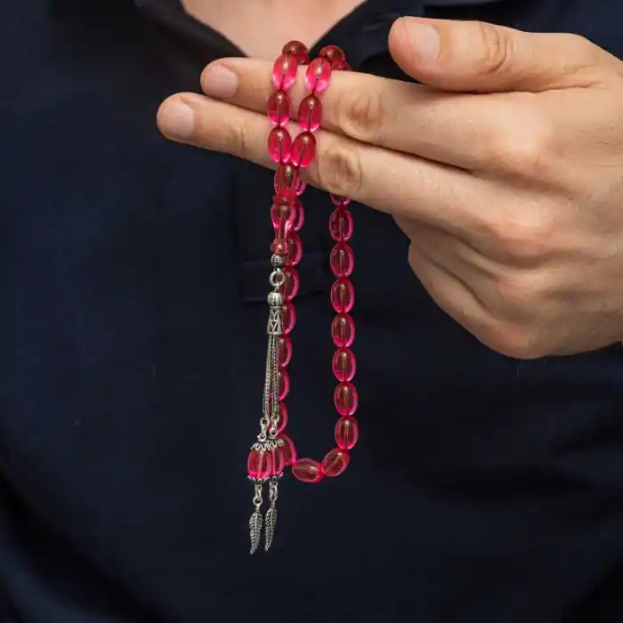 Gümüş Püsküllü Pembe Ateş Kehribar Tesbih