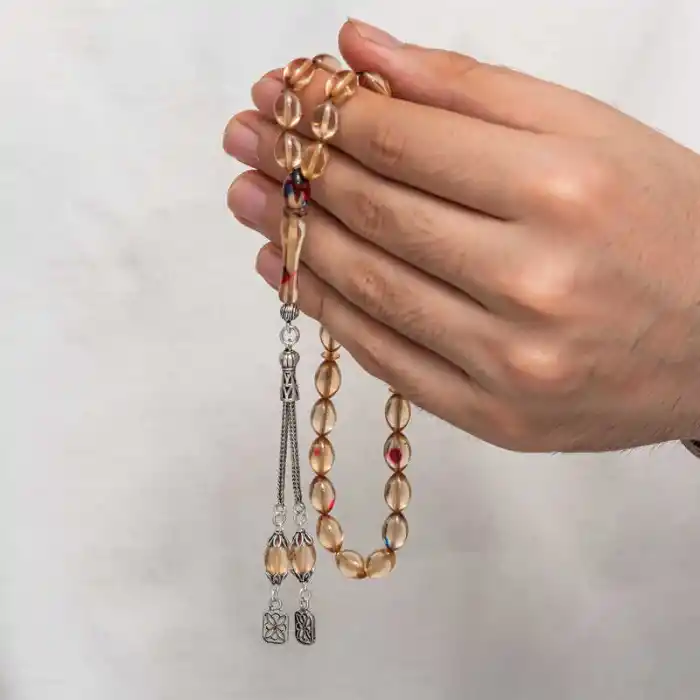 Gümüş Püsküllü Sıkma Kehribar Tesbih