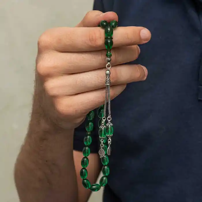 Gümüş Püsküllü Yeşil Ateş Kehribar Tesbih