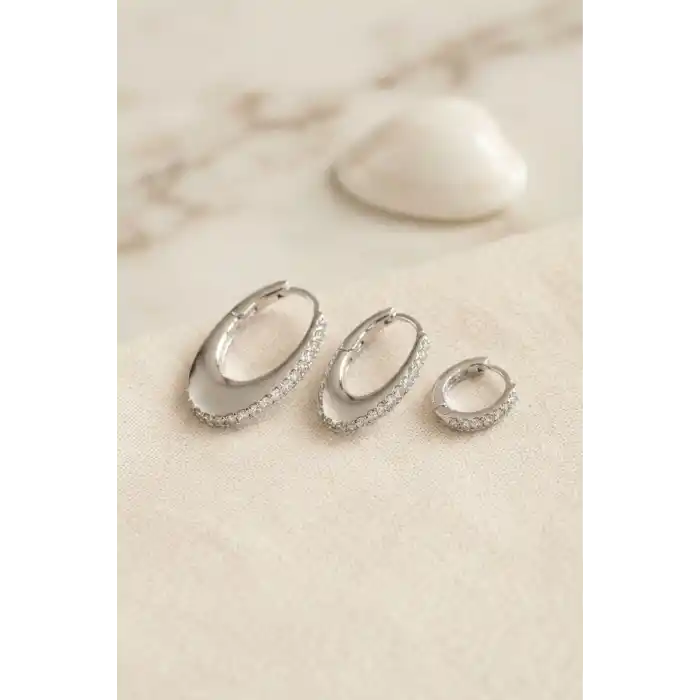 Gümüş Renk Oval Halka Model Zirkon Taşlı 3 lü Küpe Set