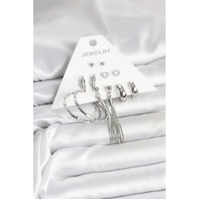 Gümüş Renk Pirinç 6 Çiftli Kadın Küpe Seti