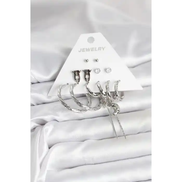 Gümüş Renk Pirinç 6lı Kadın Küpe Seti