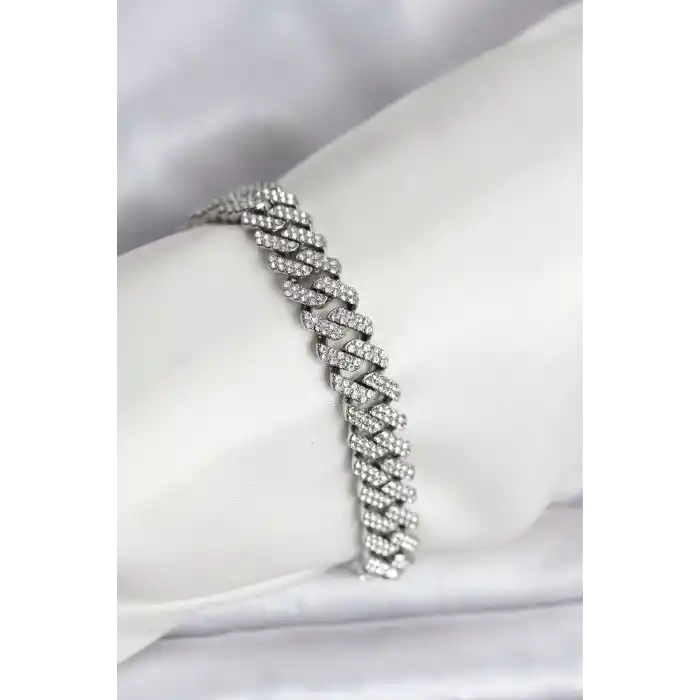 Gümüş Renk Pirinç Cuba Chain Gurmet Bileklik