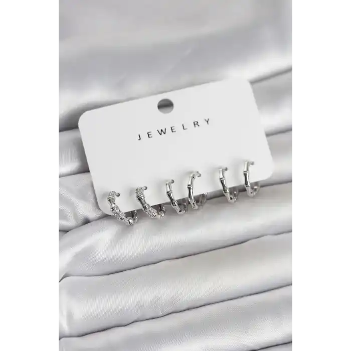 Gümüş Renk Pirinç Kemik Model 3 Çift Kadın Küpe Seti