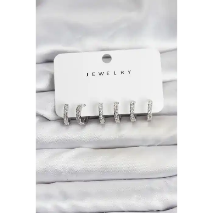 Gümüş Renk Pirinç Zirkon Taşlı Halka Kadın Küpe Seti