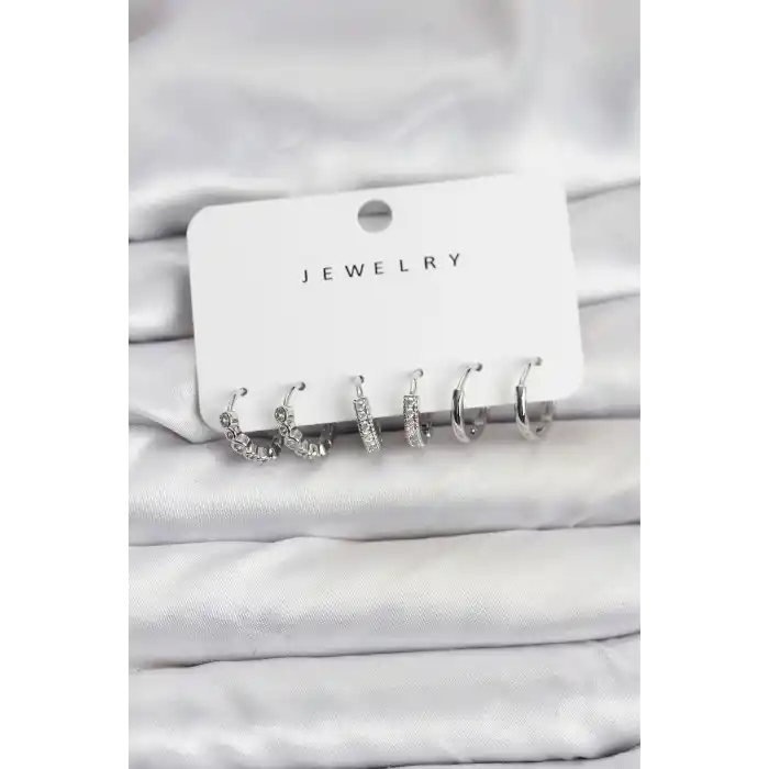 Gümüş Renk Pirinç Zirkon Taşlı Kadın Küpe Seti