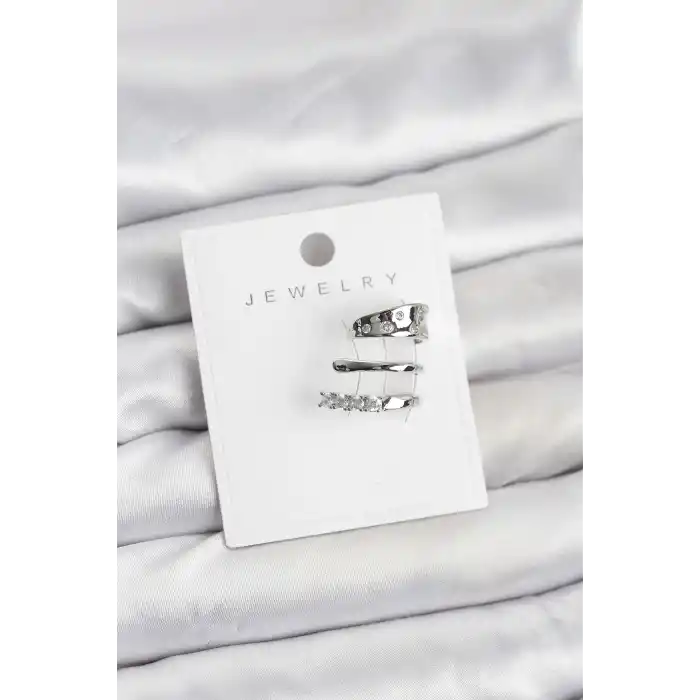 Gümüş Renk Zirkon Taşlı Pirinç Kıkırdak Küpe