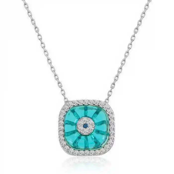 Gümüş Rodyum Kare Camgöz Nazar Bayan Kolye