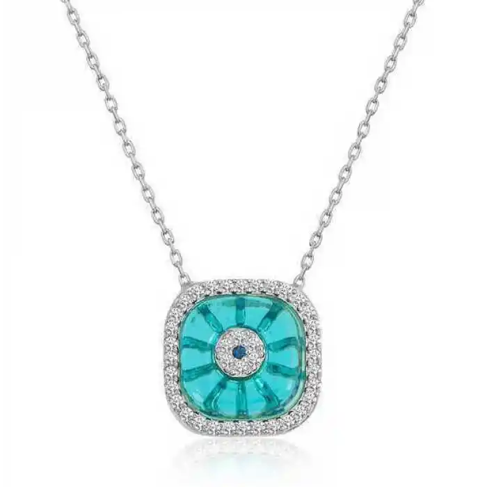 Gümüş Rodyum Kare Camgöz Nazar Bayan Kolye