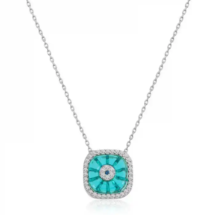 Gümüş Rodyum Kare Camgöz Nazar Bayan Kolye