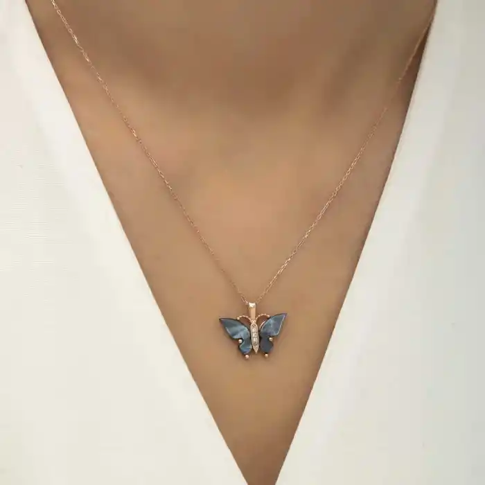 Gümüş Rose Antrasit Kaplangözü Taşlı Kelebek Kolye