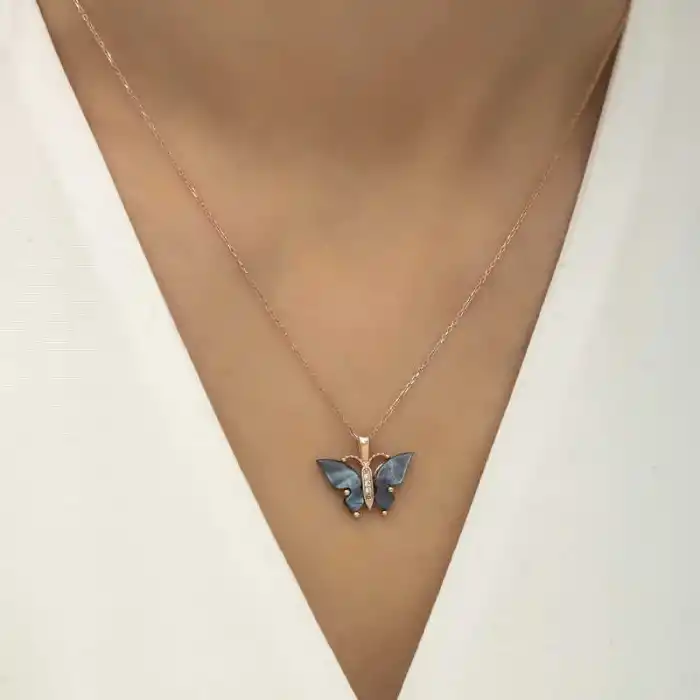 Gümüş Rose Antrasit Kaplangözü Taşlı Kelebek Kolye