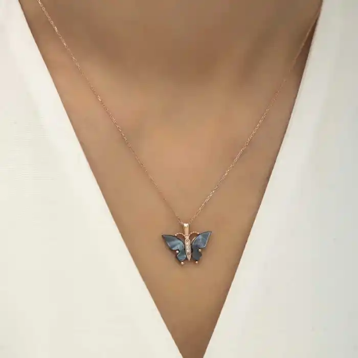 Gümüş Rose Antrasit Kaplangözü Taşlı Kelebek Kolye