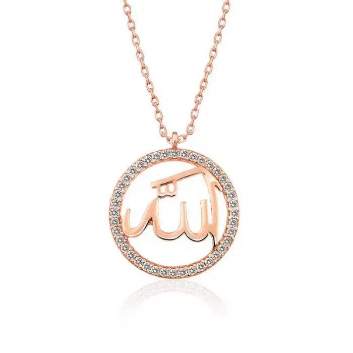 Gümüş Rose Arapça Allah Yazılı Bayan Kolye