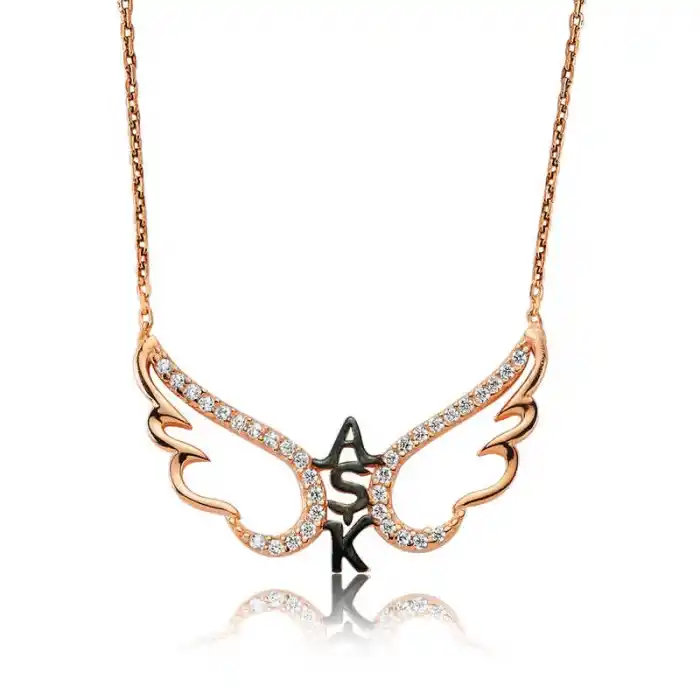 Gümüş Rose Aşk Yazılı Melek Kanadı Kadın Kolye