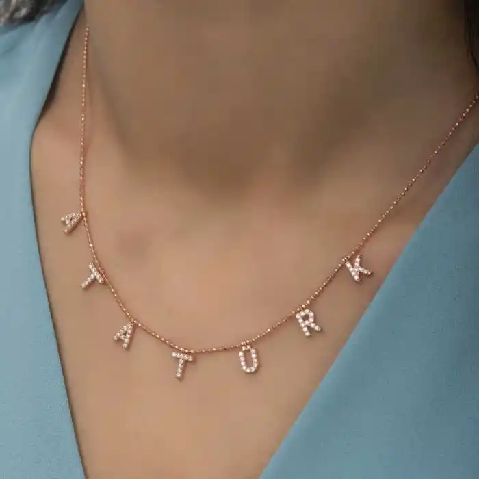 Gümüş Rose Atatürk Yazılı Bayan Kolye