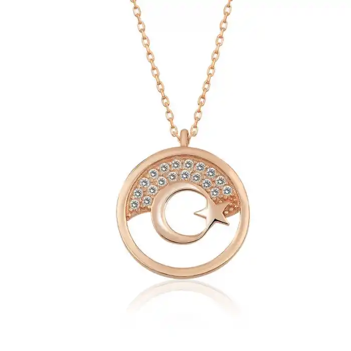 Gümüş Rose Ay Yıldız Bayan Kolye