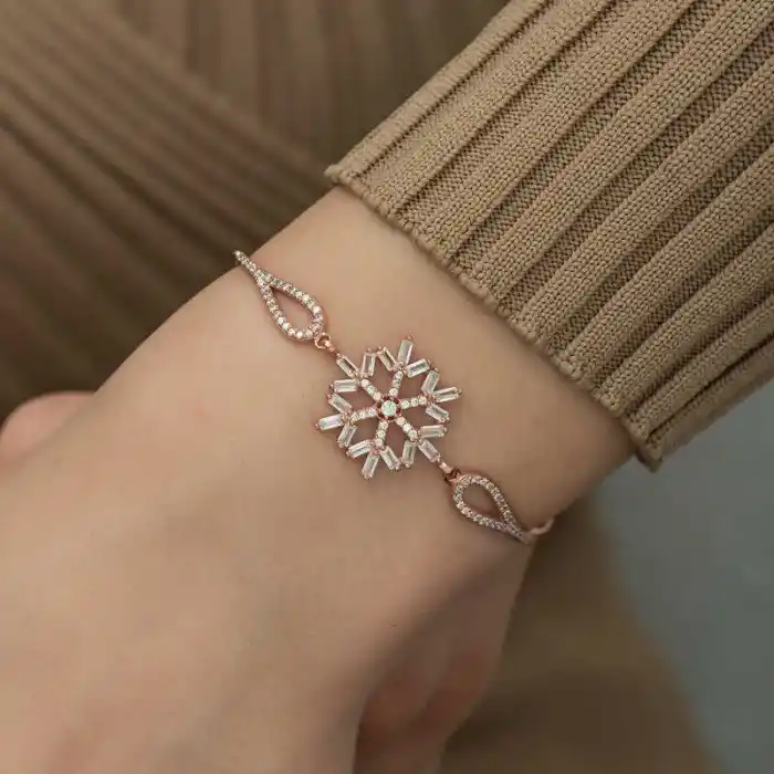 Gümüş Rose Baget Taşlı Kar Tanesi Bileklik