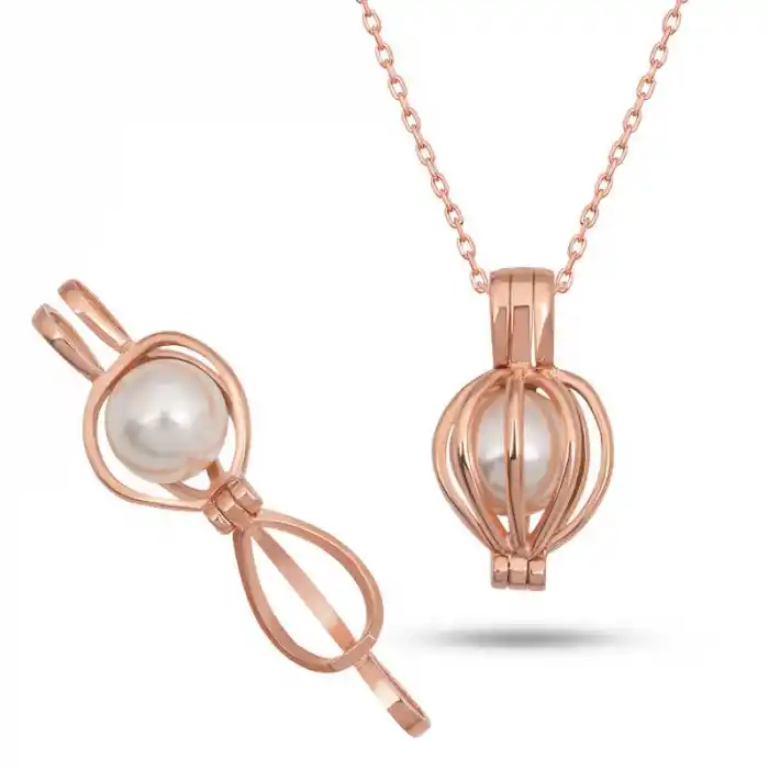 Gümüş Rose Beyaz İncili Kadın Kolye