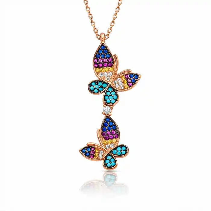 Gümüş Rose  Çift Kelebek Bayan Kolye