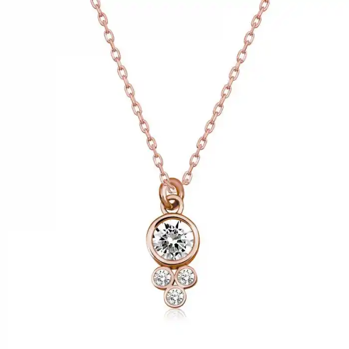 Gümüş Rose Çiğ Damlası Yuvarlak Tektaş Bayan Kolye