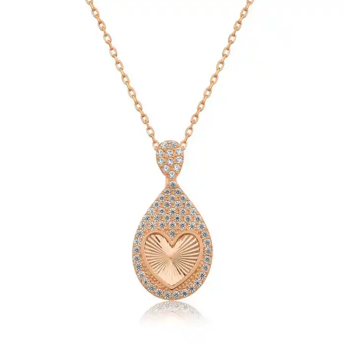 Gümüş Rose Damla Kalp Bayan Kolye