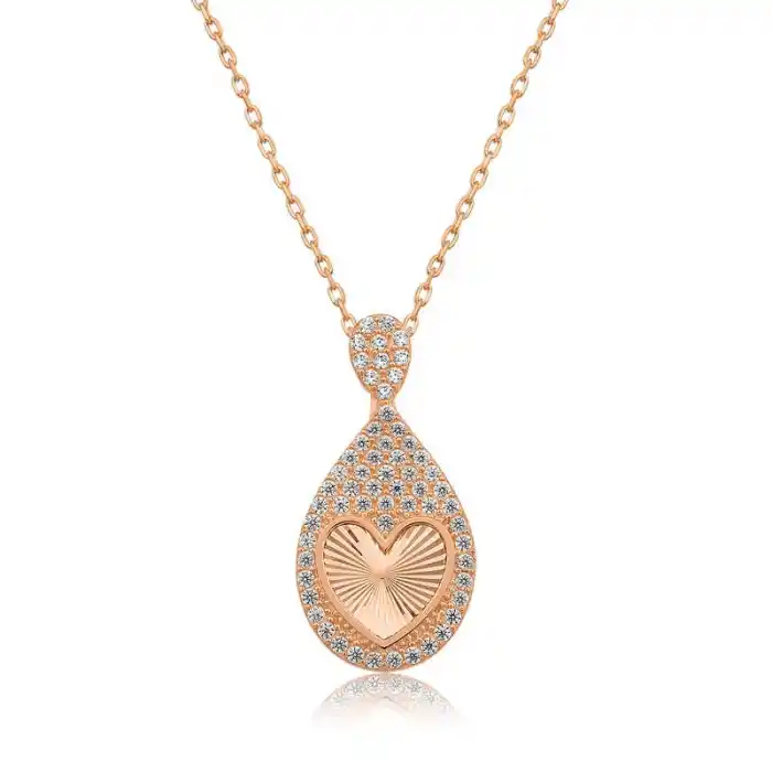 Gümüş Rose Damla Kalp Bayan Kolye