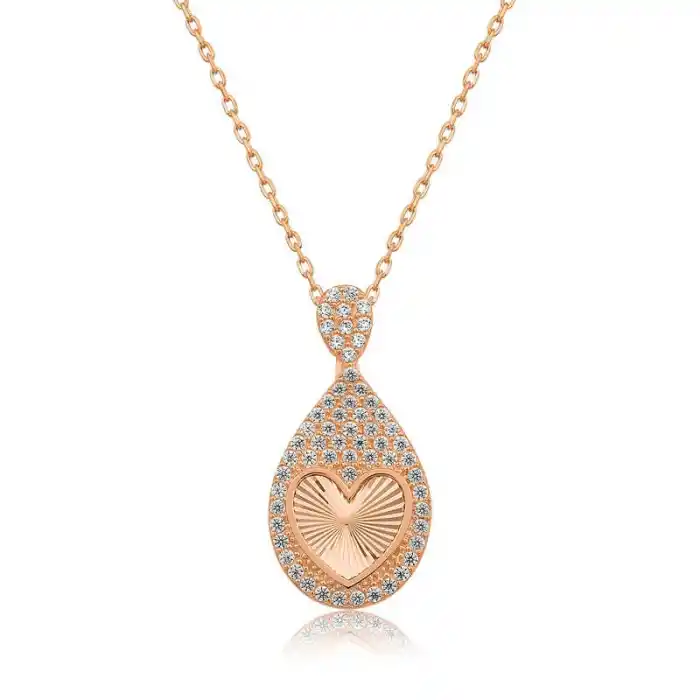 Gümüş Rose Damla Kalp Bayan Kolye