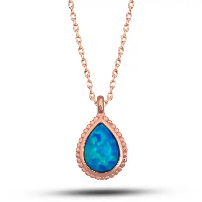 Gümüş Rose Damla Mavi Opal Taşlı Kadın Kolye