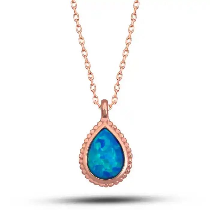 Gümüş Rose Damla Mavi Opal Taşlı Kadın Kolye