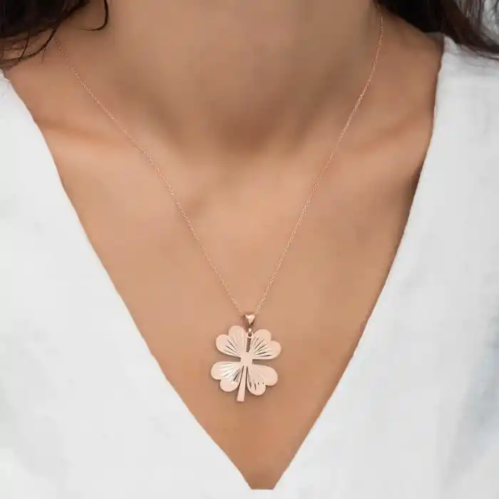 Gümüş Rose Dört Yaprak Rose Yonca Bayan Kolye