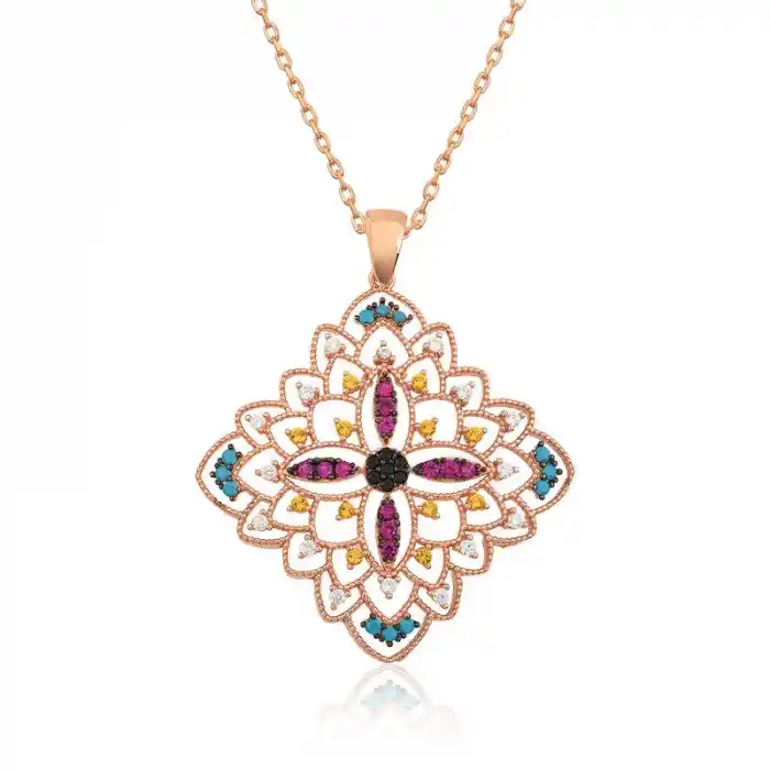 Gümüş Rose Etnik Desenli Madalyon Kolye