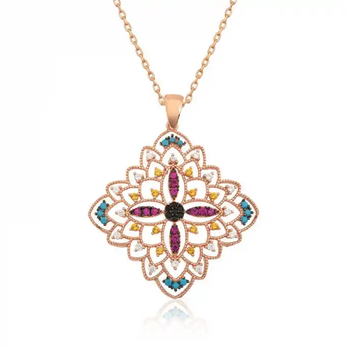 Gümüş Rose Etnik Desenli Madalyon Kolye