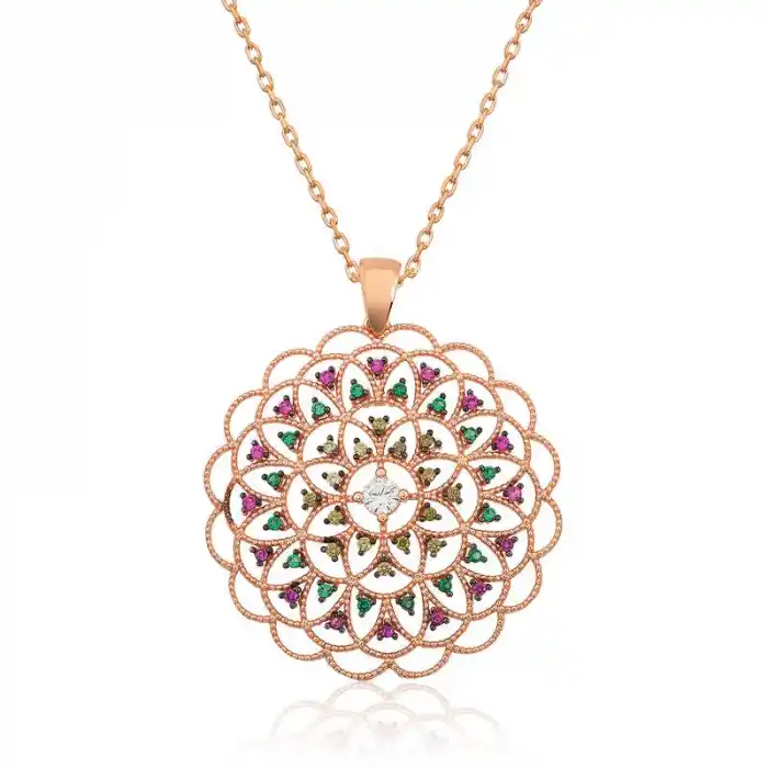 Gümüş Rose Geometrik Desenli Madalyon Kolye