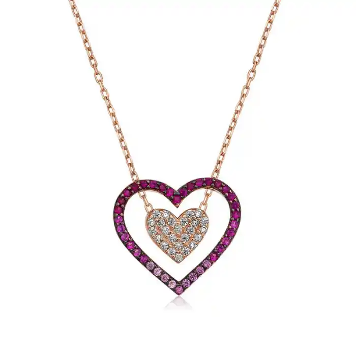 Gümüş Rose İki Kalp Bayan Kolye