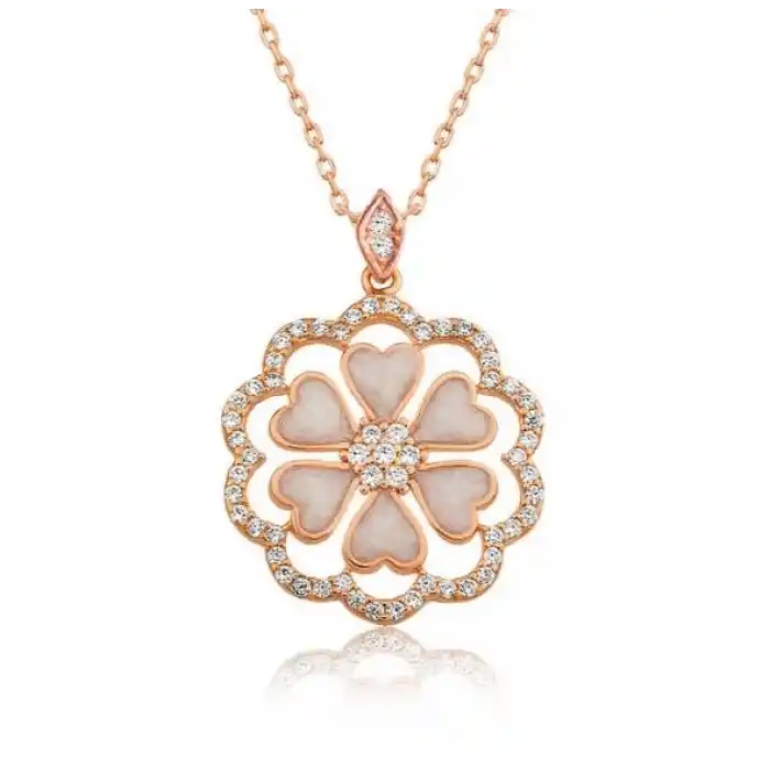 Gümüş Rose Kalp Çiçek Bayan Kolye